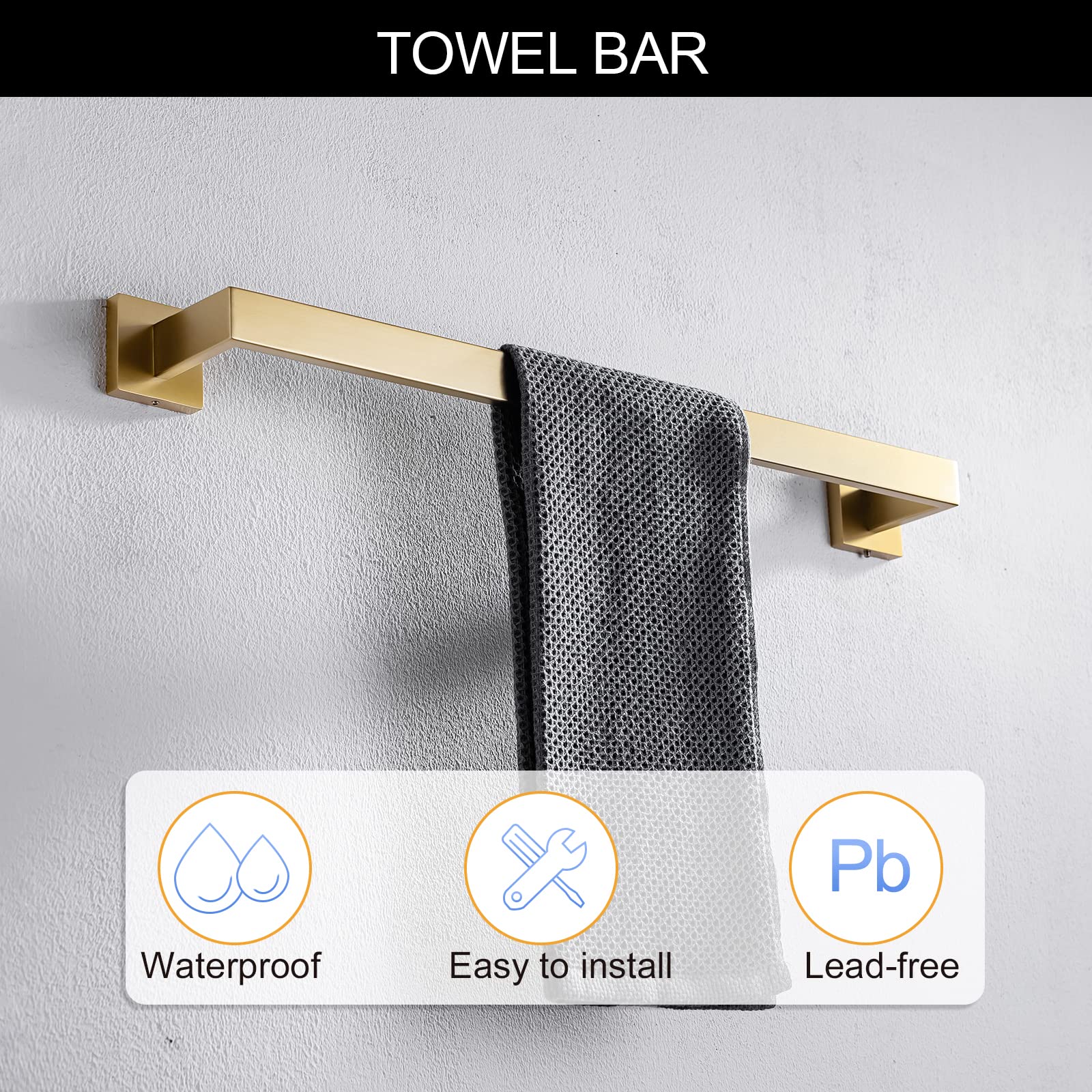 TURS Brushed Gold Single Towel Bar Stainless Steel Bathroom Towel Holder Rail Wall Mounted Towel Rack