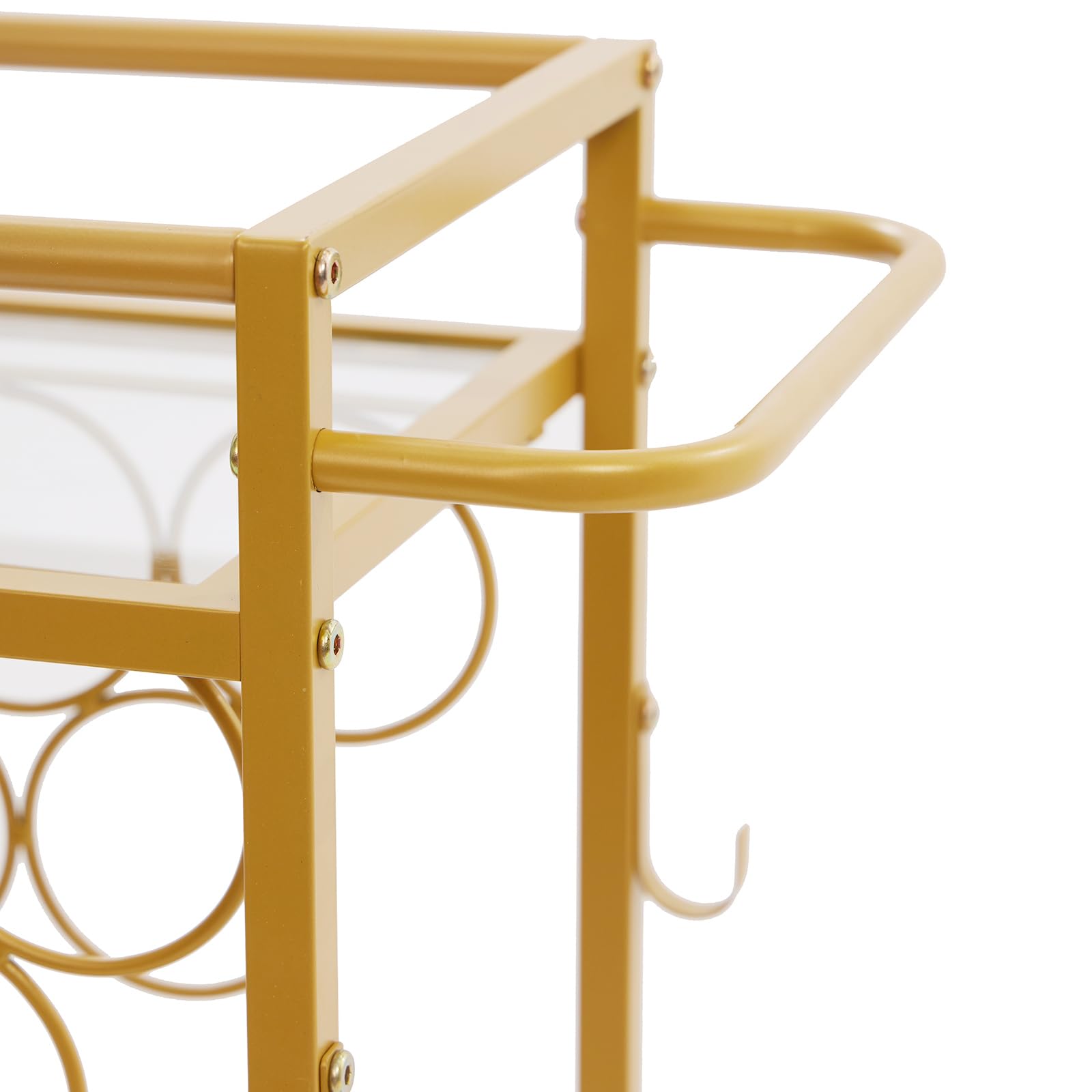 Bar Cart, 2-Tier Kitchen Cart with Wine Rack and Glass Holder, Gold Serving Cart with Wine Rack and Glass Holder, Rolling Serving Cart for Kitchen, Dining Room, Club, Bar, Living Room, Party, Gold