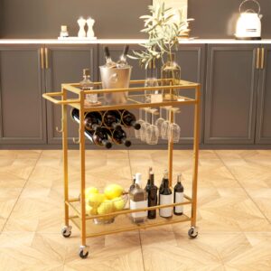 Bar Cart, 2-Tier Kitchen Cart with Wine Rack and Glass Holder, Gold Serving Cart with Wine Rack and Glass Holder, Rolling Serving Cart for Kitchen, Dining Room, Club, Bar, Living Room, Party, Gold