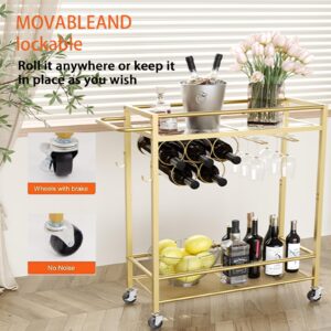 Bar Cart, 2-Tier Kitchen Cart with Wine Rack and Glass Holder, Gold Serving Cart with Wine Rack and Glass Holder, Rolling Serving Cart for Kitchen, Dining Room, Club, Bar, Living Room, Party, Gold