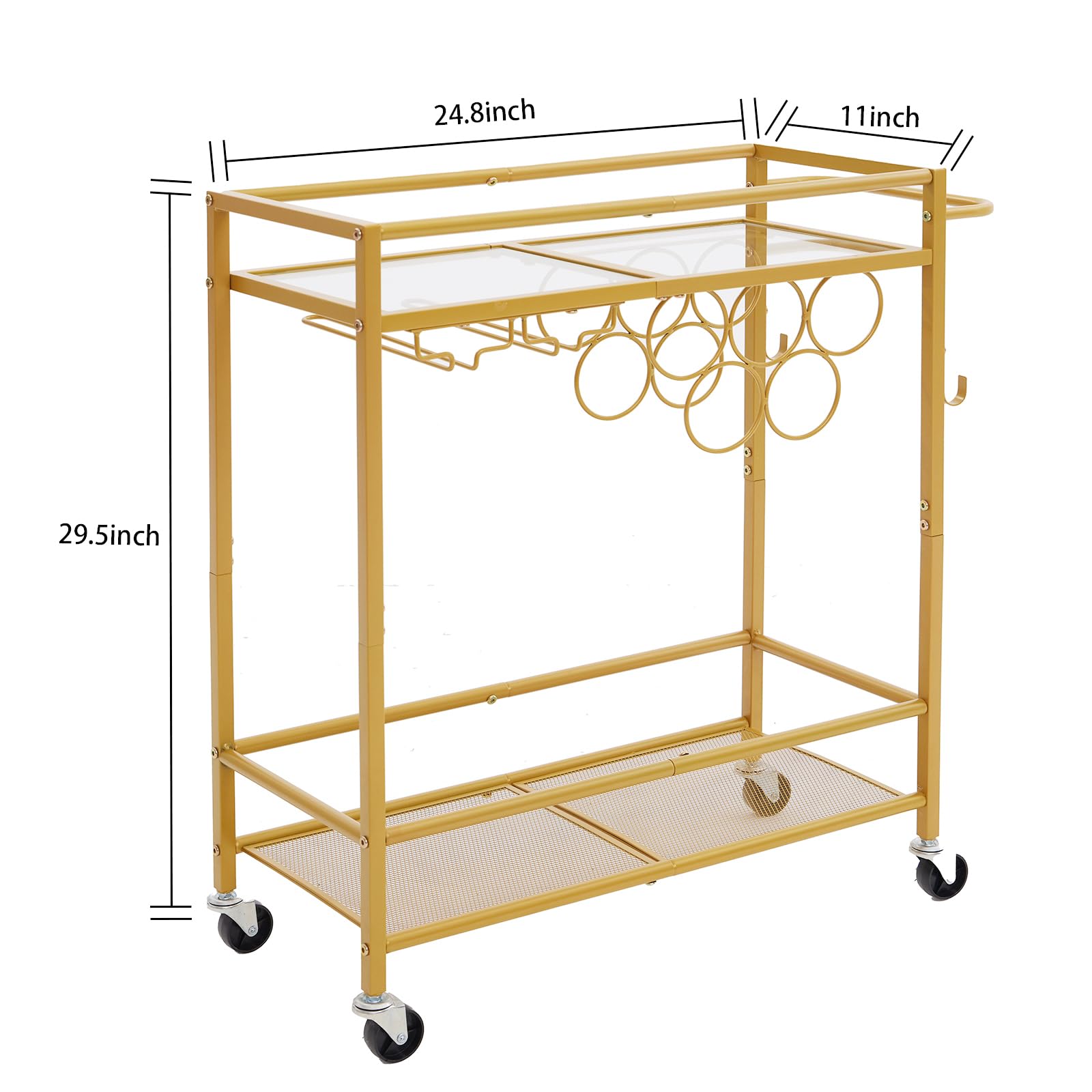 Bar Cart, 2-Tier Kitchen Cart with Wine Rack and Glass Holder, Gold Serving Cart with Wine Rack and Glass Holder, Rolling Serving Cart for Kitchen, Dining Room, Club, Bar, Living Room, Party, Gold