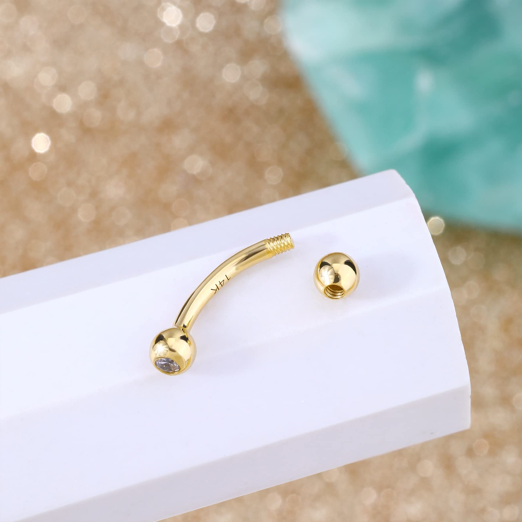 COCHARM 14K Solid Gold Long Bar Belly Button Rings 12mm Real Gold Cute Belly Piercing Rings Snake Eyes 14k Gold Navel Ring Navel Piercing Gold