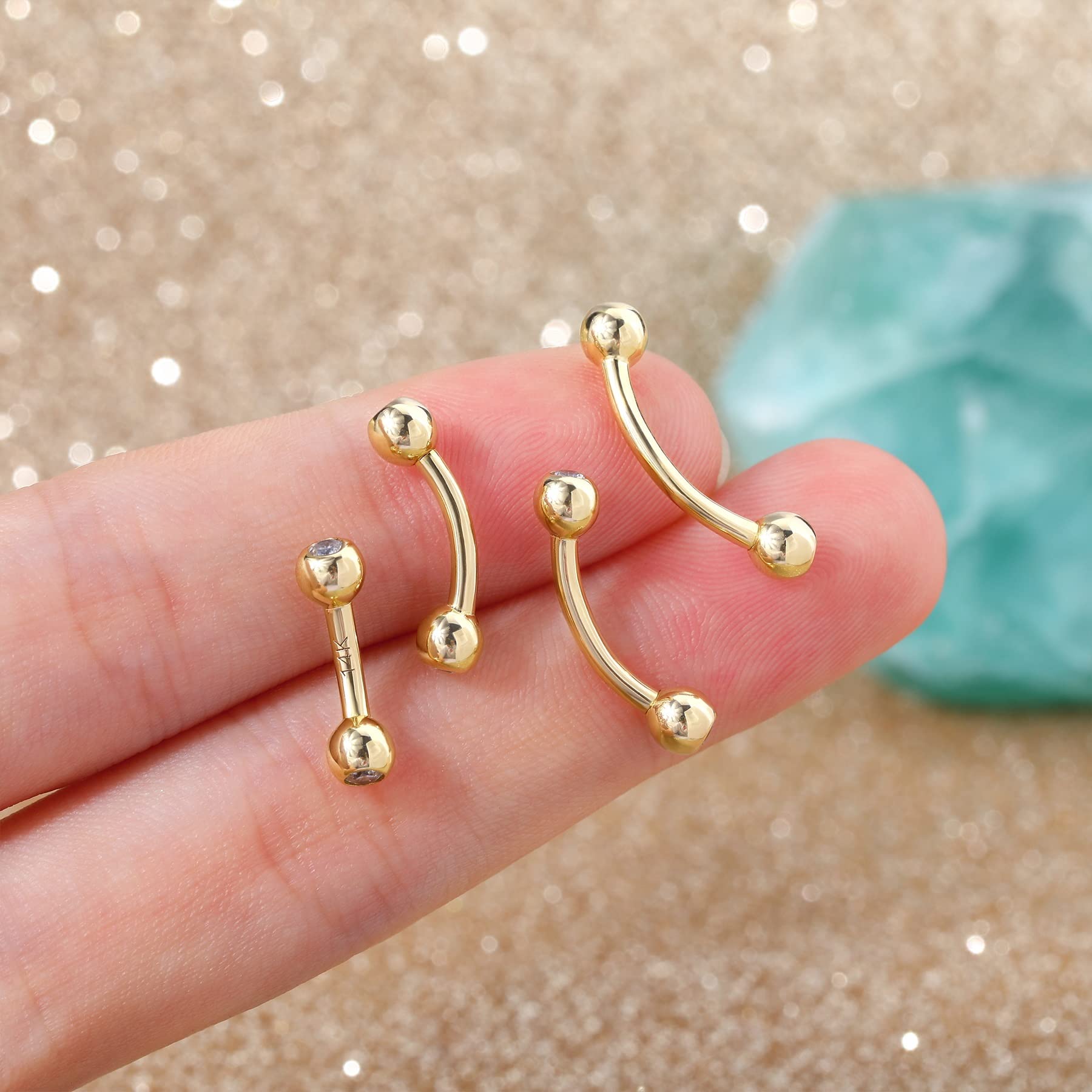 COCHARM 14K Solid Gold Long Bar Belly Button Rings 12mm Real Gold Cute Belly Piercing Rings Snake Eyes 14k Gold Navel Ring Navel Piercing Gold