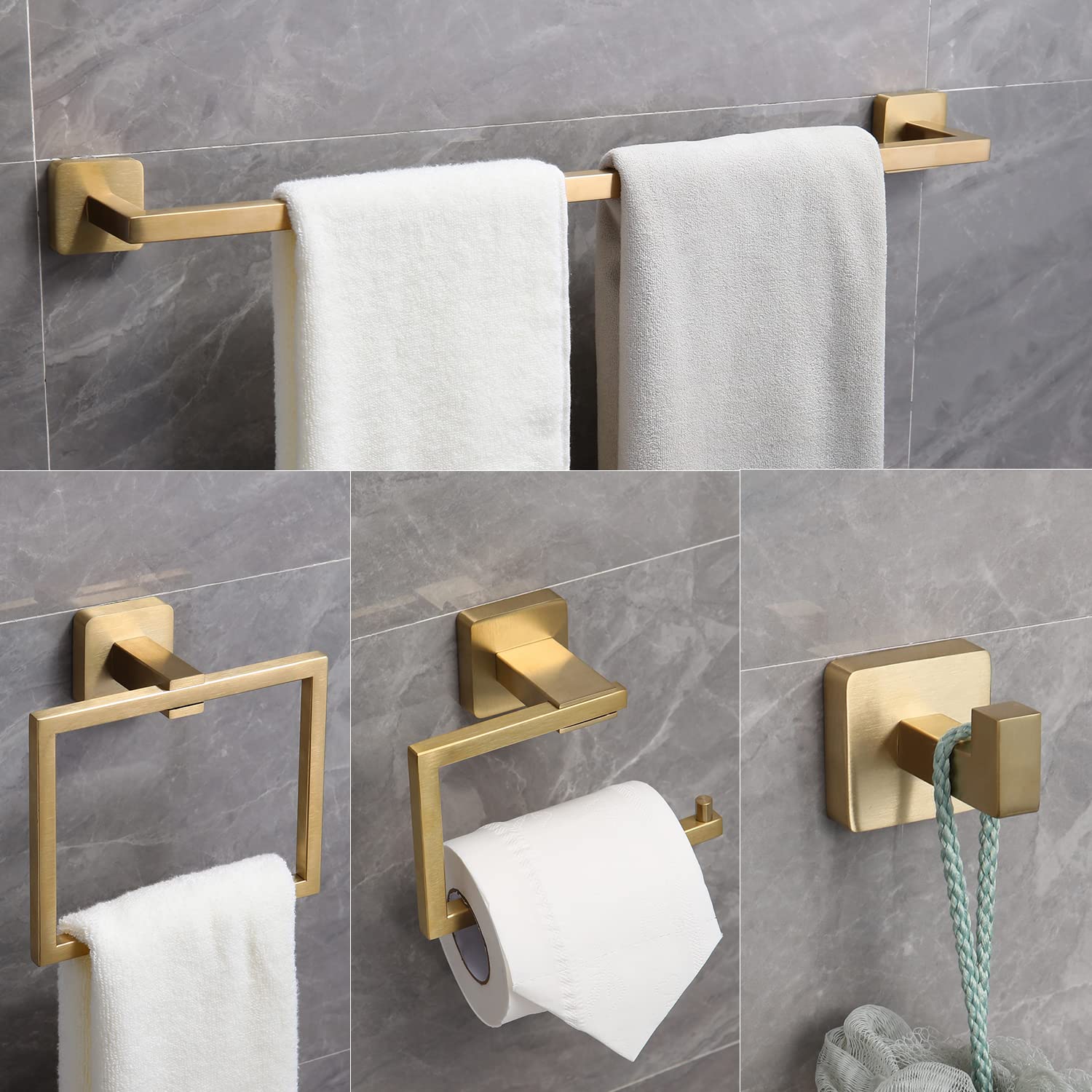 Ntipox 4 Pieces Brusehd Gold Bathroom Hardware Accessories Set,Stainless Steel Square 24" Hand Towel Bar Set Gold, Towel Rack Set Gold, Wall Mounted