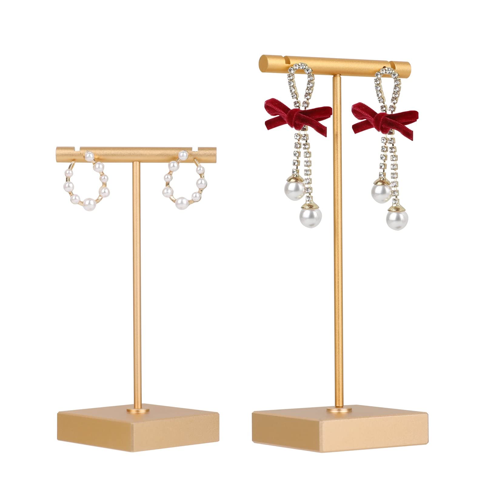 GemeShou 2pcs Metal T Bar Earring Stand Gold Single Earring Display T Stand for shows Jewelry Photography Props【Gold-Square Base 2pcs Height 4.3" and 5.1"】