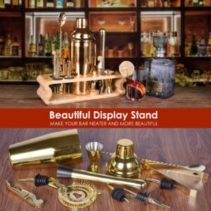 Esmula 12 Piece Bartender Kit with Bamboo Stand, 25oz Cocktail Shaker Set for Mixed Drink, Professional Bar Tool Set with Cocktail Recipes Booklet, Gift for Man Dad Friend (Gold)