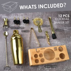 Esmula 12 Piece Bartender Kit with Bamboo Stand, 25oz Cocktail Shaker Set for Mixed Drink, Professional Bar Tool Set with Cocktail Recipes Booklet, Gift for Man Dad Friend (Gold)