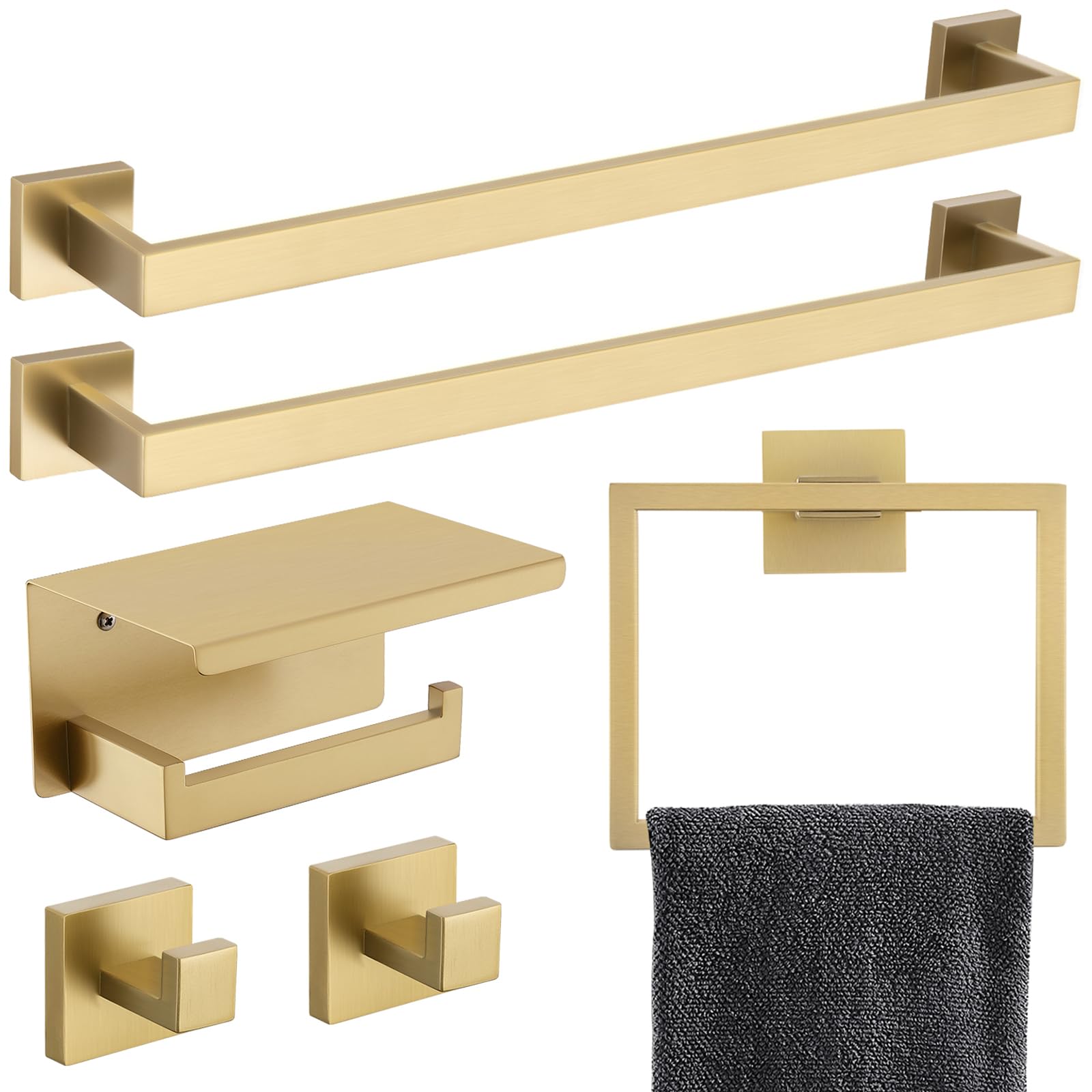 TNOMS 6-Piece Bathroom Hardware Set 23.6 Inch Gold Towel Bar Set Double Towel Bar Towel Ring Coat Hook and Toilet Paper Holder with Shelf Wall Mounted Stainless Steel Bathroom Accessories Set