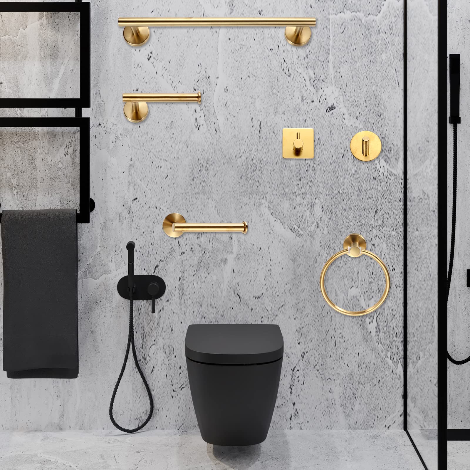 10 Pcs Matte Bathroom Hardware Set SUS304 Bathroom Hanger Set 16 Inch Hand Towel Bar Towel Holder Toilet Paper Holder Angled Hook 2 Robe Towel Hooks Wall Mounted Bathroom Accessory (Gold)