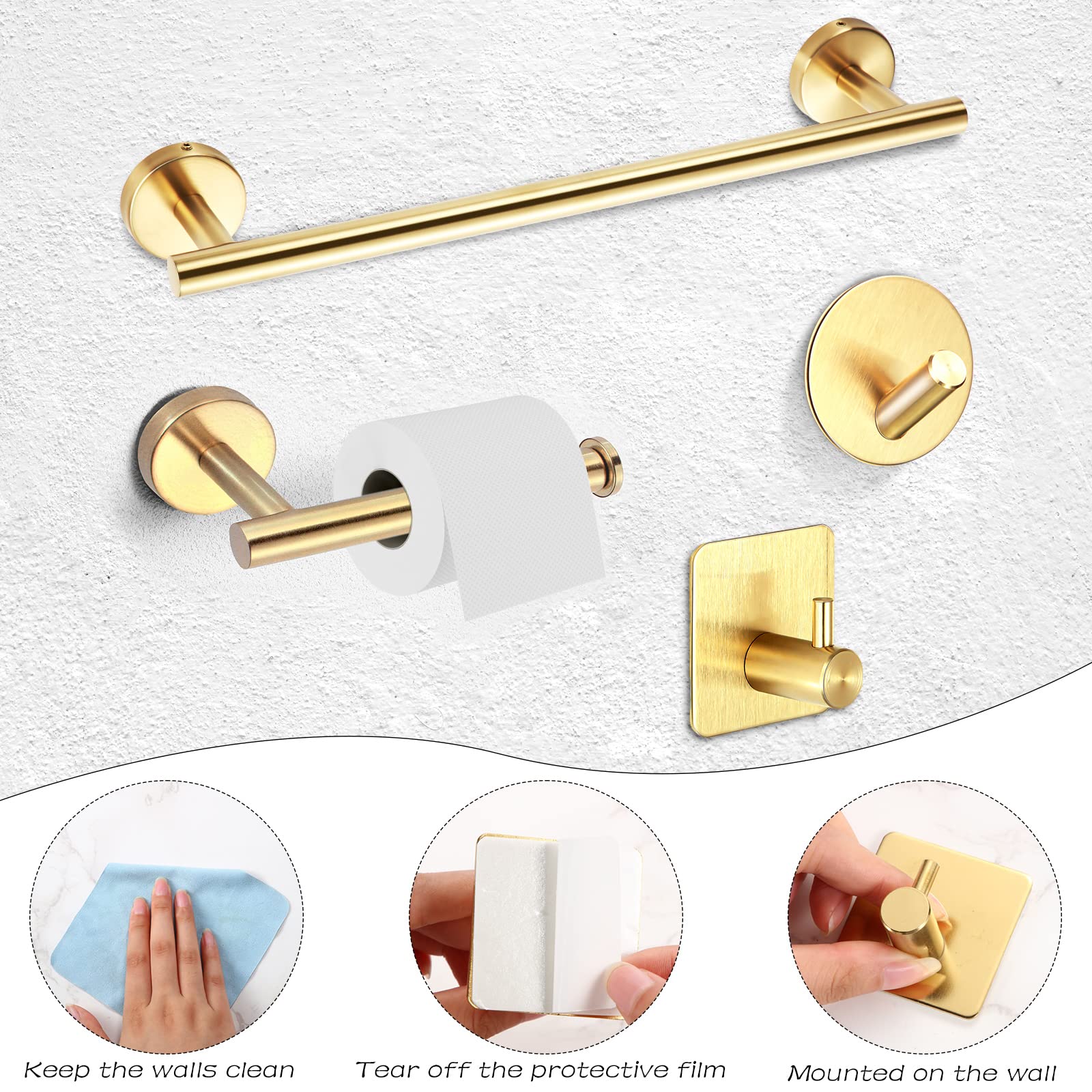 10 Pcs Matte Bathroom Hardware Set SUS304 Bathroom Hanger Set 16 Inch Hand Towel Bar Towel Holder Toilet Paper Holder Angled Hook 2 Robe Towel Hooks Wall Mounted Bathroom Accessory (Gold)