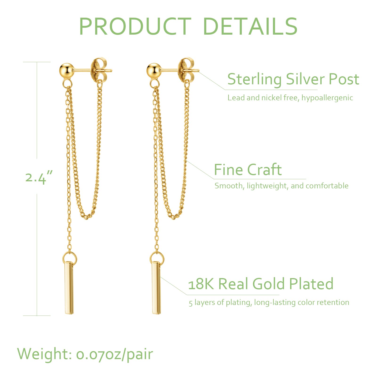 Dainty 18K Gold Plated Chain Earrings for Women - Long Threader Earring with Hypoallergenic Bar Drop Dangle Design, Elegant Line Dangly Jewelry Gift