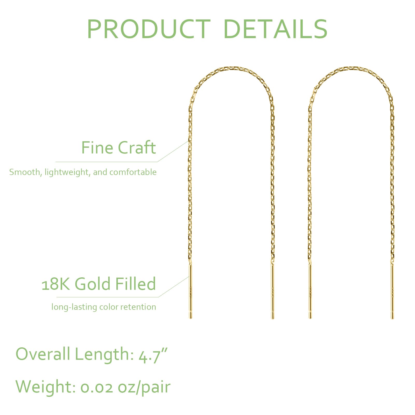 Gold Threader Earrings for Women 18K Gold Filled Chain Earrings Dainty Bar Drop Dangle Long Thread Earring Dangly Double Piercing Hypoallergenic Jewelry Gift