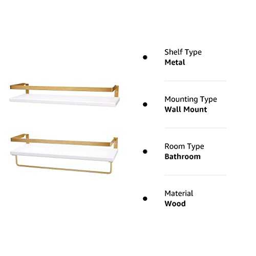 Peter's Goods Modern Floating Shelves with Rail, Modern Brass Finish, Set of 2 Shelves - Wall Mounted Bathroom Wall Shelves with Towel Bar - Also Perfect for Bedroom Decor and Kitchen Storage