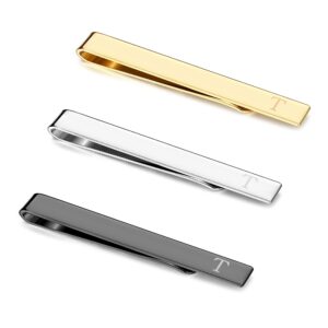 ubgicig 3 pcs stainless steel tie clips for men elegant personalized letter t tie clip set for men classic gold silver black tone tie bar father's day gifts business wedding anniversary