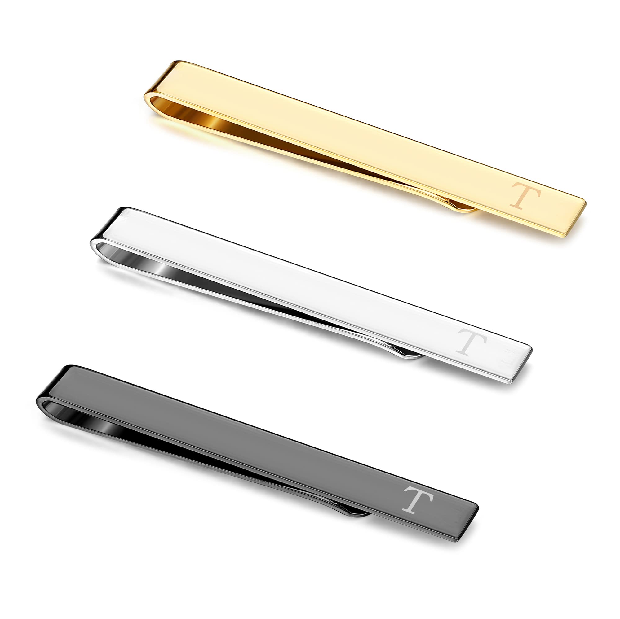 UBGICIG 3 Pcs Stainless Steel Tie Clips for Men Elegant Personalized Letter T Tie Clip Set for Men Classic Gold Silver Black Tone Tie Bar Father's Day Gifts Business Wedding Anniversary