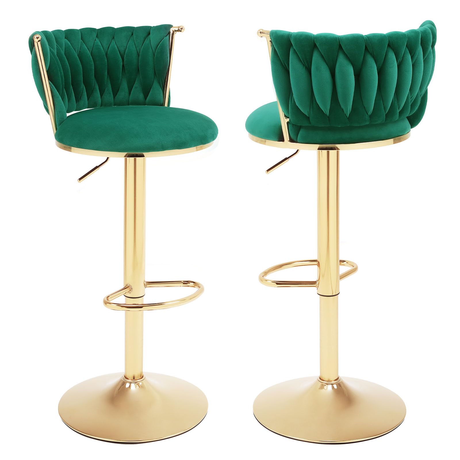 HANLIVES Velvet Bar Stools Set of 2,360° Woven Modern Gold Bar Stools,Swivel Adjustable Height Barstools with Backs Gold Metal Tall Kitchen Counter Chairs for Bar Pub Cafe(Green*2)