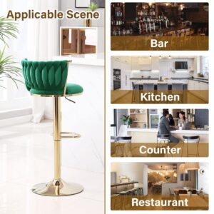 HANLIVES Velvet Bar Stools Set of 2,360° Woven Modern Gold Bar Stools,Swivel Adjustable Height Barstools with Backs Gold Metal Tall Kitchen Counter Chairs for Bar Pub Cafe(Green*2)