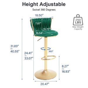 HANLIVES Velvet Bar Stools Set of 2,360° Woven Modern Gold Bar Stools,Swivel Adjustable Height Barstools with Backs Gold Metal Tall Kitchen Counter Chairs for Bar Pub Cafe(Green*2)