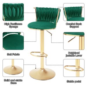 HANLIVES Velvet Bar Stools Set of 2,360° Woven Modern Gold Bar Stools,Swivel Adjustable Height Barstools with Backs Gold Metal Tall Kitchen Counter Chairs for Bar Pub Cafe(Green*2)