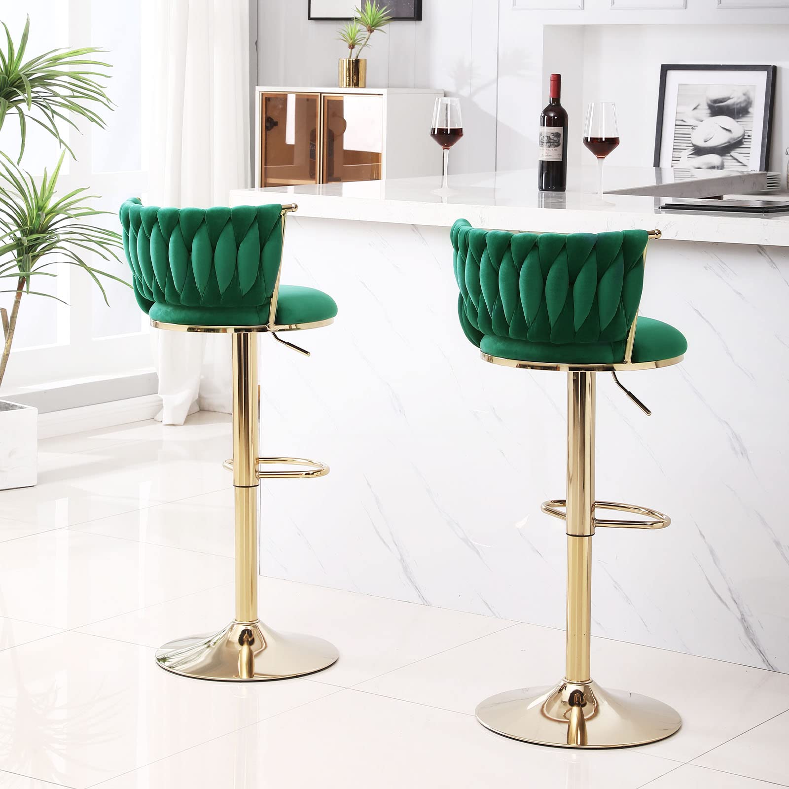 HANLIVES Velvet Bar Stools Set of 2,360° Woven Modern Gold Bar Stools,Swivel Adjustable Height Barstools with Backs Gold Metal Tall Kitchen Counter Chairs for Bar Pub Cafe(Green*2)