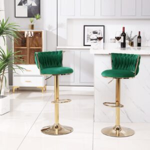 HANLIVES Velvet Bar Stools Set of 2,360° Woven Modern Gold Bar Stools,Swivel Adjustable Height Barstools with Backs Gold Metal Tall Kitchen Counter Chairs for Bar Pub Cafe(Green*2)