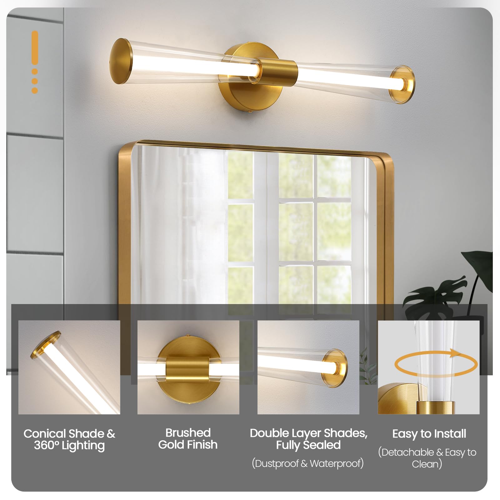 KAISITE Gold Bathroom Light Fixture - Modern Bathroom Vanity Light Dimmable LED Bathroom Sconce Wall Lighting Fixture with Double Layer Shades 13W 4000K 23inch Bath Vanity Light Bar over Mirror