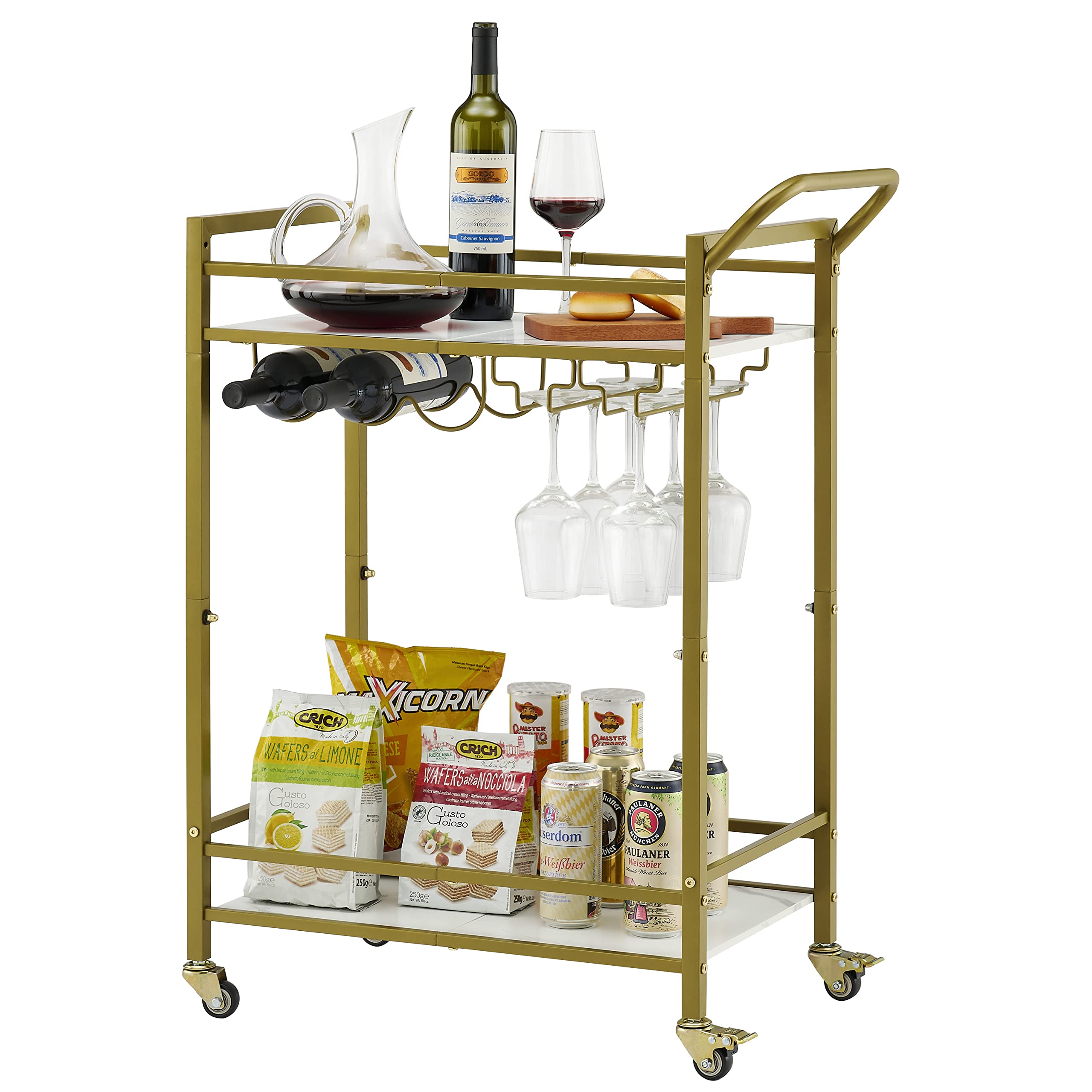 Tajsoon 2-Tier Bar Cart, Mobile Bar Serving Cart, Industrial Style Wine Cart for Kitchen, Beverage Cart with Wine Rack and Glass Holder, Rolling Drink Trolley for Living Room, Gold & White