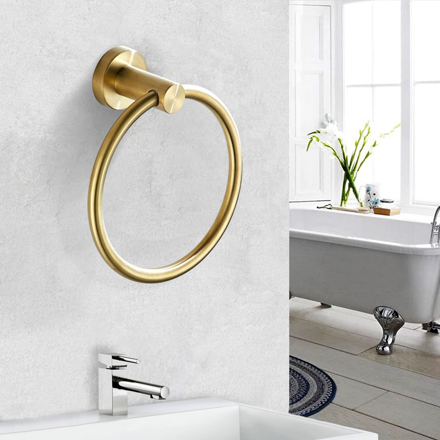 BATHSIR Gold Towel Holder, Brushed Gold Towel Ring Wall Mounted for Bathroom, Heavy Duty Stainless Steel Morden Bathroom Kitchen Wall Mounted Towel Holder