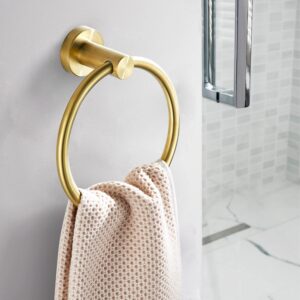 BATHSIR Gold Towel Holder, Brushed Gold Towel Ring Wall Mounted for Bathroom, Heavy Duty Stainless Steel Morden Bathroom Kitchen Wall Mounted Towel Holder