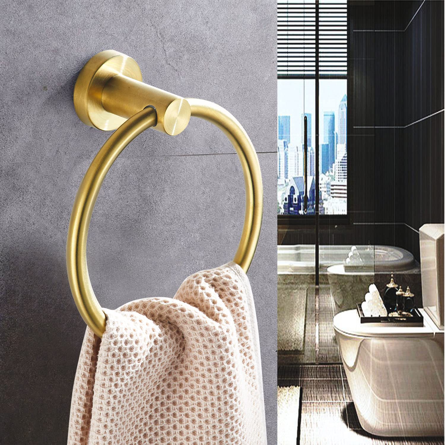 BATHSIR Gold Towel Holder, Brushed Gold Towel Ring Wall Mounted for Bathroom, Heavy Duty Stainless Steel Morden Bathroom Kitchen Wall Mounted Towel Holder