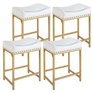 FLYZC Bar Stools Set of 4 Counter Height, 24" Modern White & Gold Counter Stools Set of 4, Stools for Kitchen Counter, Modern White Barstools Saddle Stool Backless Island Chairs (White+Gold)