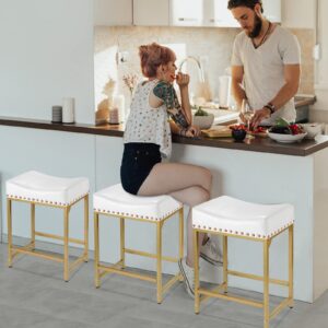 FLYZC Bar Stools Set of 4 Counter Height, 24" Modern White & Gold Counter Stools Set of 4, Stools for Kitchen Counter, Modern White Barstools Saddle Stool Backless Island Chairs (White+Gold)