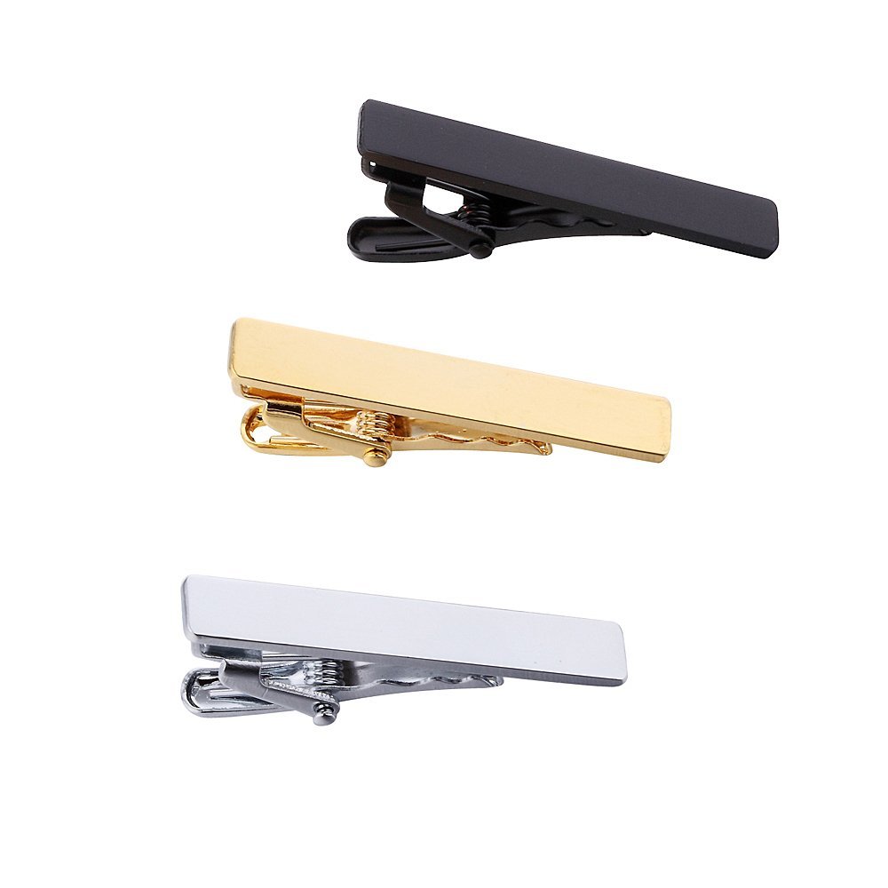 AnotherKiss Men's Skinny Tie Clip Set with Gold Silver Black 3 Tone, 1.5 Inches