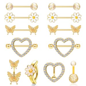 orazio 14g nipple rings for women surgical steel belly button ring butterfly daisy flower nipple barbells cz heart curved navel rings 12 pcs nipple piercings jewelry set-gold