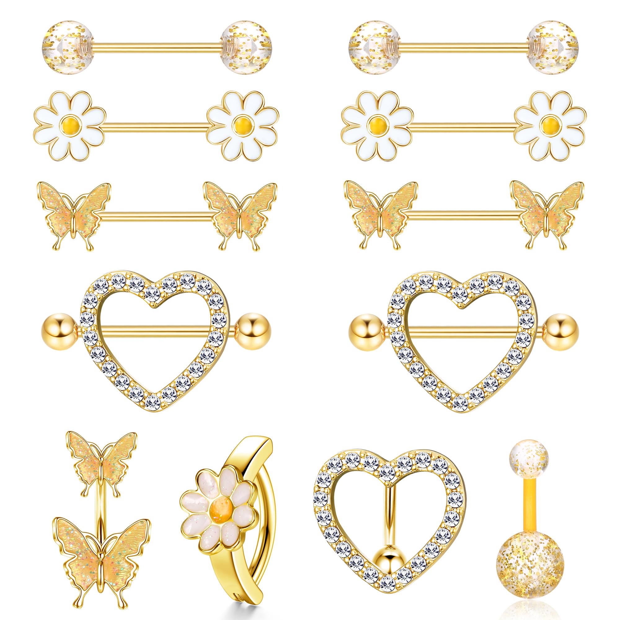 ORAZIO 14G Nipple Rings for Women Surgical Steel Belly Button Ring Butterfly Daisy Flower Nipple Barbells CZ Heart Curved Navel Rings 12 PCS Nipple Piercings Jewelry Set-GOLD