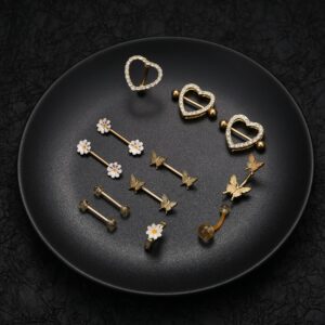 ORAZIO 14G Nipple Rings for Women Surgical Steel Belly Button Ring Butterfly Daisy Flower Nipple Barbells CZ Heart Curved Navel Rings 12 PCS Nipple Piercings Jewelry Set-GOLD
