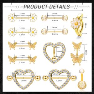 ORAZIO 14G Nipple Rings for Women Surgical Steel Belly Button Ring Butterfly Daisy Flower Nipple Barbells CZ Heart Curved Navel Rings 12 PCS Nipple Piercings Jewelry Set-GOLD