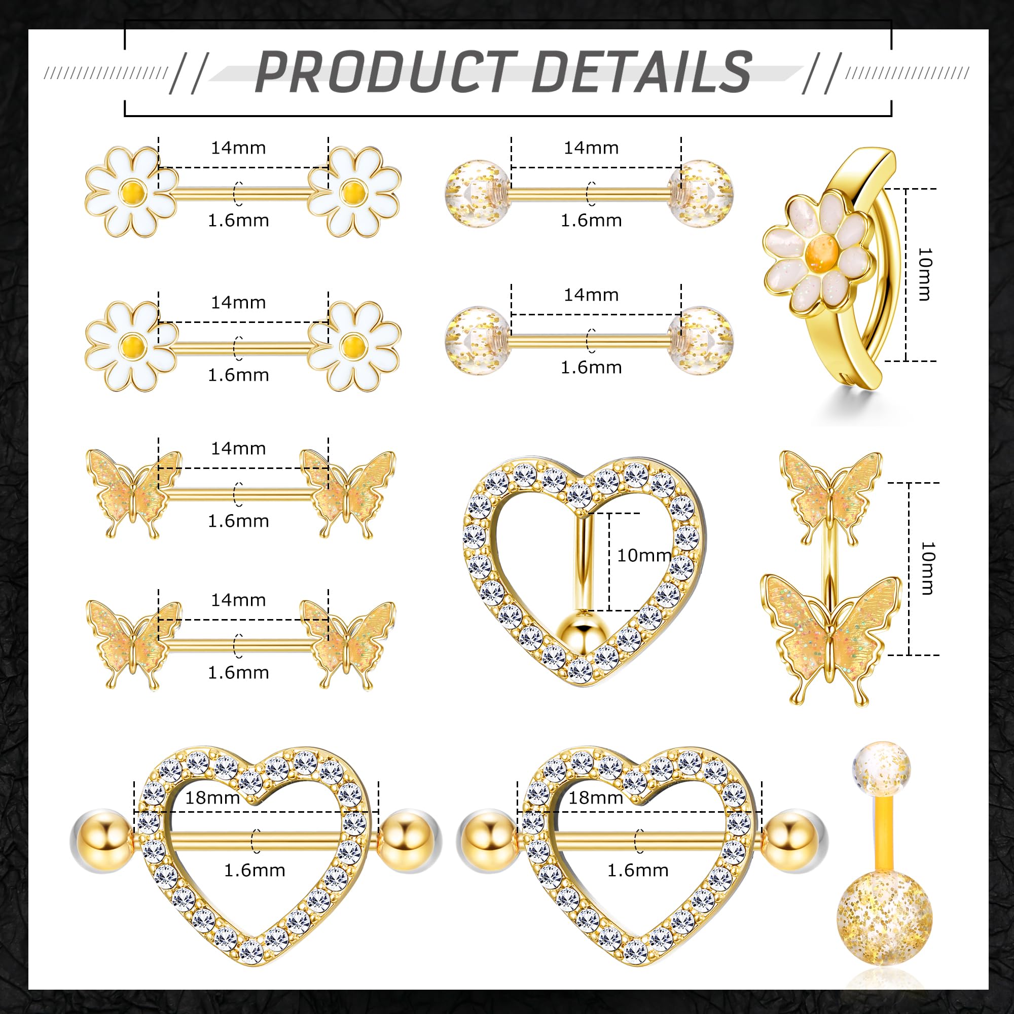 ORAZIO 14G Nipple Rings for Women Surgical Steel Belly Button Ring Butterfly Daisy Flower Nipple Barbells CZ Heart Curved Navel Rings 12 PCS Nipple Piercings Jewelry Set-GOLD