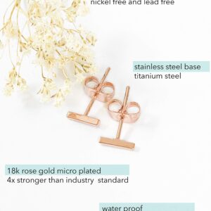 Altitude Boutique 18K Gold Plated Skinny Wire Midi Balance Bar Stud Earrings Hypoallergenic Long Bar Earrings in Gold, Rose Gold, or Silver | Delicate Jewelry (Rose Gold, 6mm)