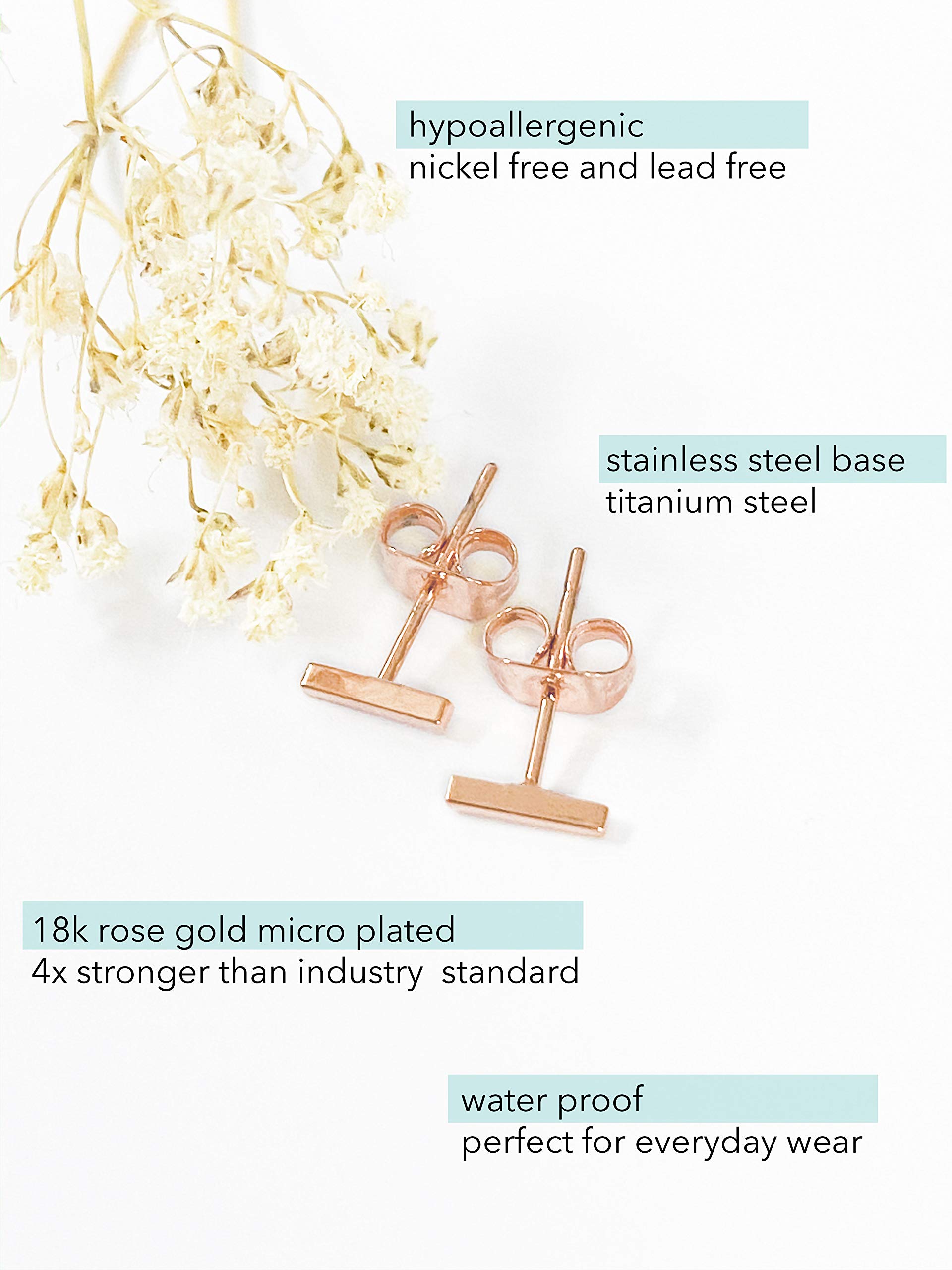 Altitude Boutique 18K Gold Plated Skinny Wire Midi Balance Bar Stud Earrings Hypoallergenic Long Bar Earrings in Gold, Rose Gold, or Silver | Delicate Jewelry (Rose Gold, 6mm)