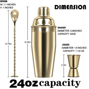 Large 24oz Cocktail Shaker Set, Stainless Steel 18/8 Martini Mixer Shaker with Built-in Strainer, Measuring Jigger & Mixing Spoon, Martini Shaker Set, Perfect for Bartender and Home Use, Gold