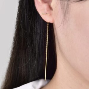 Gold Bar Threader Earrings Silver Simple Long Chain Dangling Drop Minimalist Tassel Double Piercings Pull Through Earrings