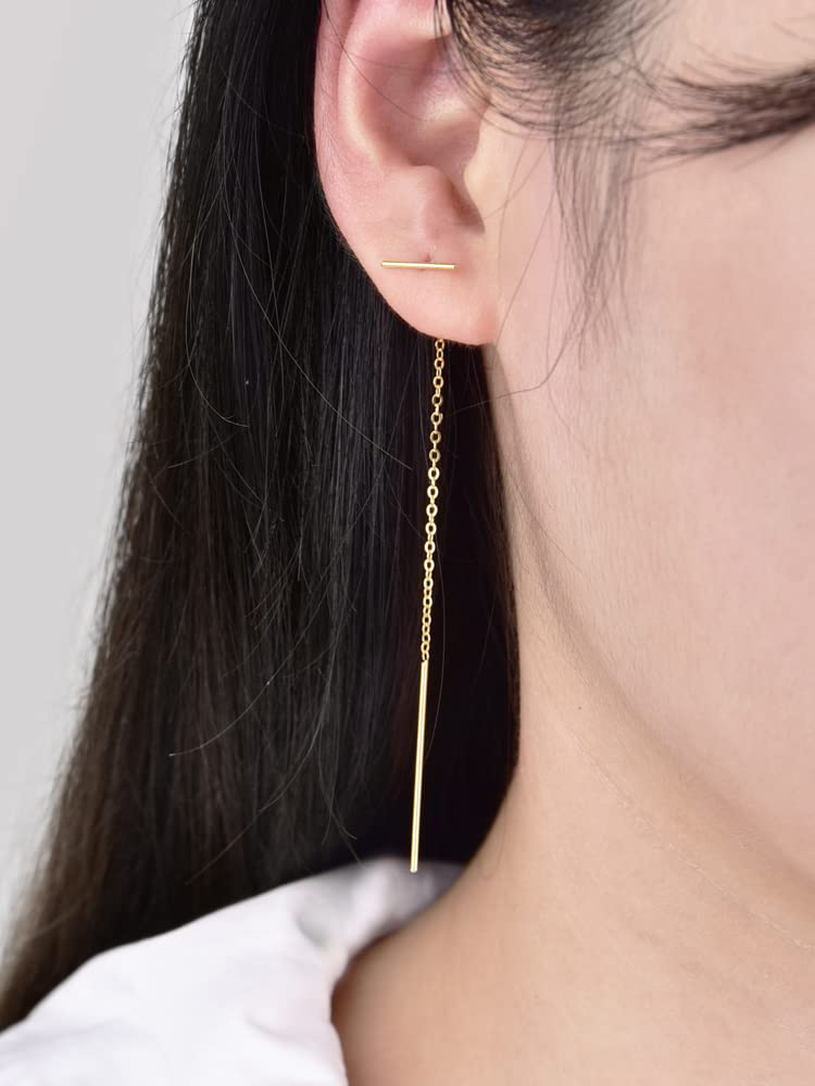 Gold Bar Threader Earrings Silver Simple Long Chain Dangling Drop Minimalist Tassel Double Piercings Pull Through Earrings