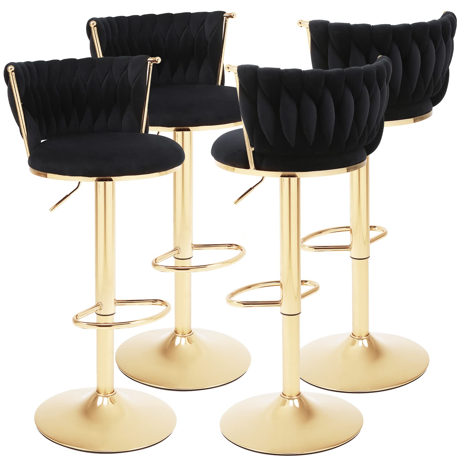 ODUWA Velvet Barstool Set of 4,Woven 360° Swivel Counter Height Bar Stools with Gold Metal Legs,Modern Adjustable Dining Kitchen Pub Accent Chair with Back and Footrest Counter Height Dining Chairs