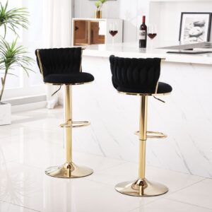 ODUWA Velvet Barstool Set of 4,Woven 360° Swivel Counter Height Bar Stools with Gold Metal Legs,Modern Adjustable Dining Kitchen Pub Accent Chair with Back and Footrest Counter Height Dining Chairs