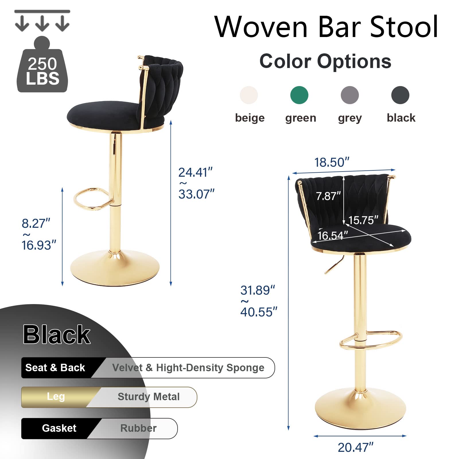 ODUWA Velvet Barstool Set of 4,Woven 360° Swivel Counter Height Bar Stools with Gold Metal Legs,Modern Adjustable Dining Kitchen Pub Accent Chair with Back and Footrest Counter Height Dining Chairs