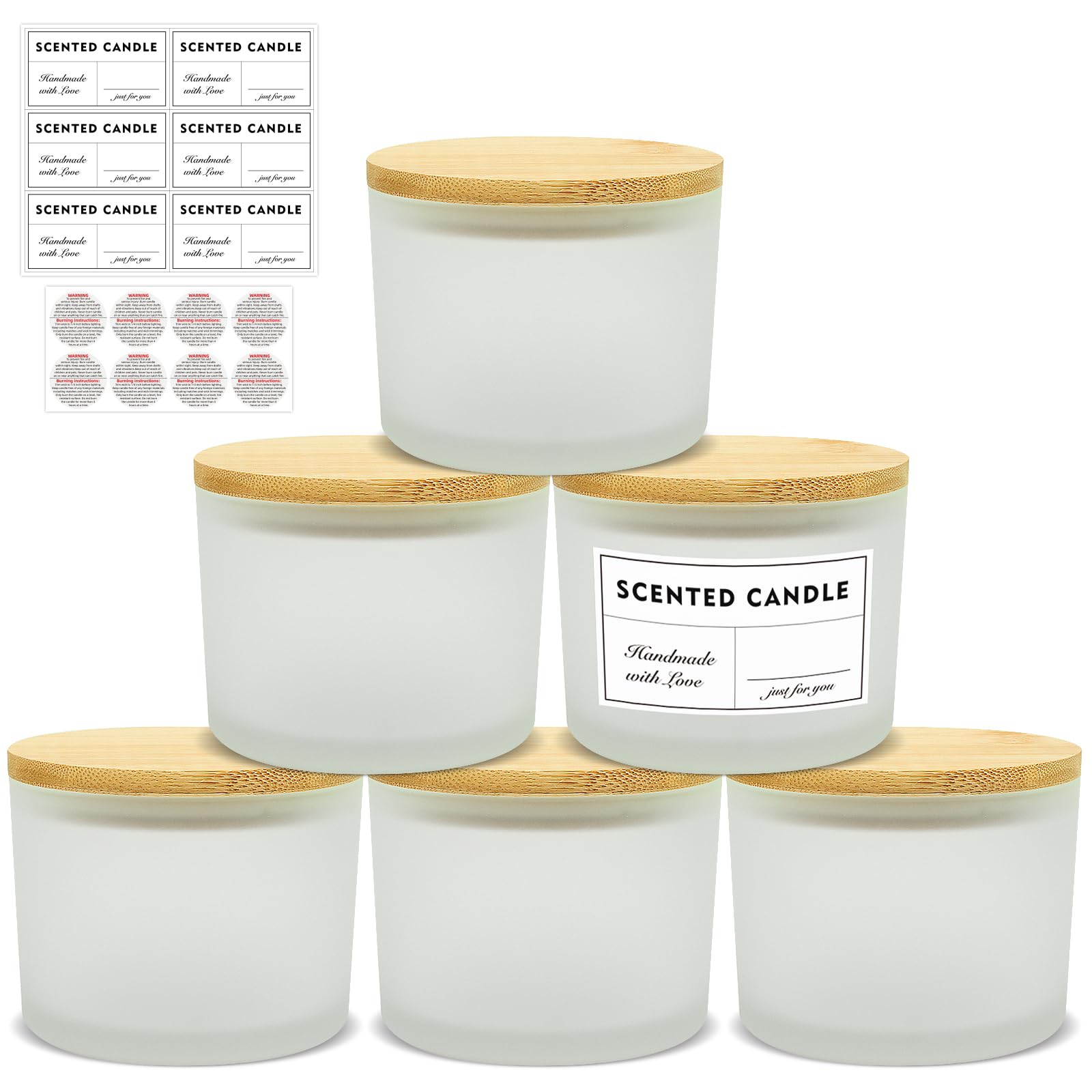 SUPMIND 16oz 3 Wick Candle Jars 6 Pack - Large Empty Frosted Glass Candle Making Jars with Bamboo Lids, with Stickers and Labels, Bulk Candle Jars for Making Candles Containers - Dishwasher Safe