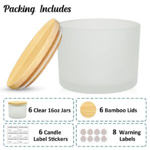 SUPMIND 16oz 3 Wick Candle Jars 6 Pack - Large Empty Frosted Glass Candle Making Jars with Bamboo Lids, with Stickers and Labels, Bulk Candle Jars for Making Candles Containers - Dishwasher Safe