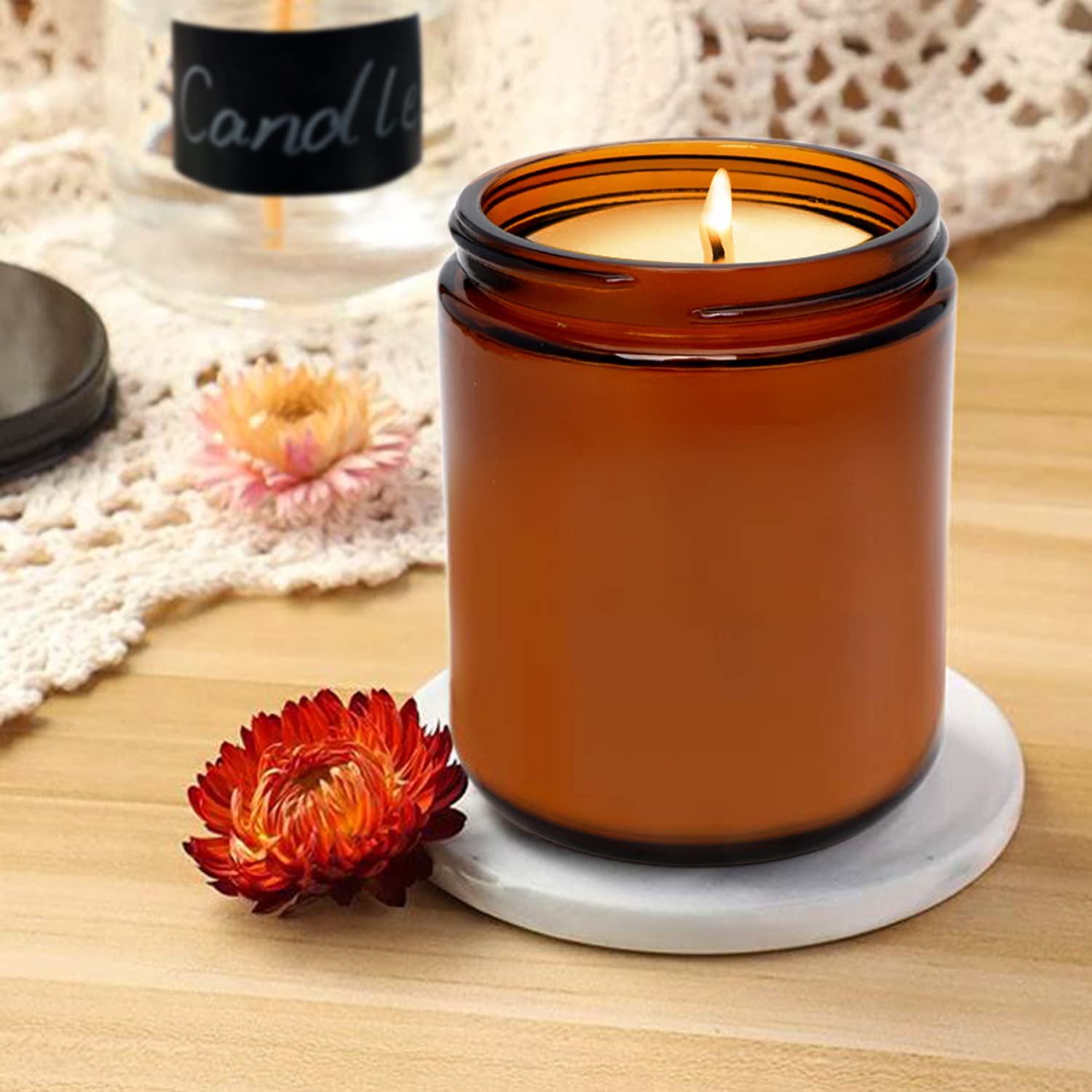 QAPPDA 8oz Amber Candle Jars Set of 30,Round Glass Jars with Black Lids,Empty 250ml Glass Candle Making Jars Bulk Thick Small Food Storage Jars for Spice,Candy,Powder