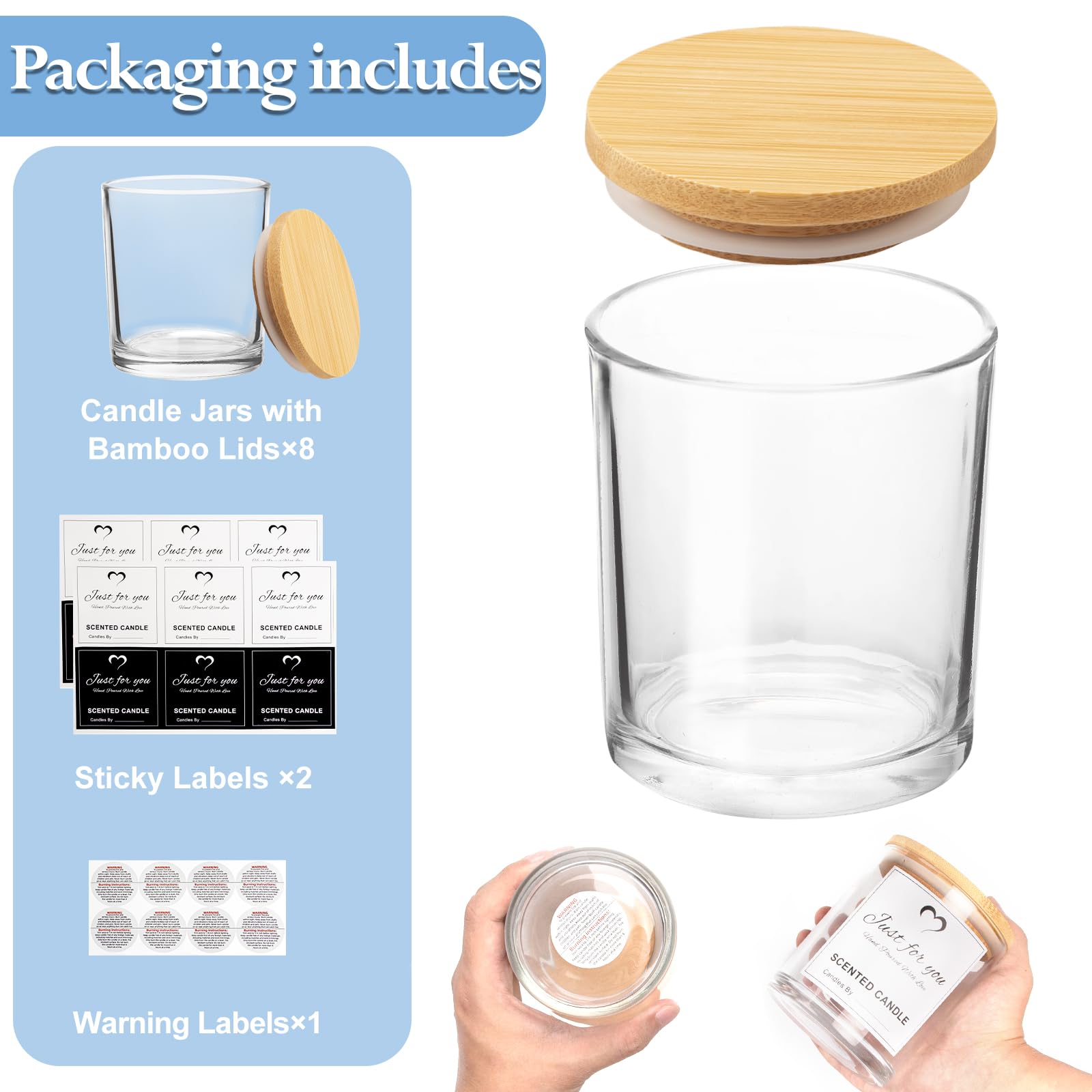 CONNOO 8 Pack 14 OZ Clear Glass Candle Jars with Bamboo Lids for Making Candles, Large Size Empty Candle Tins with Sticky Labels - Leakproof & Dishwasher Safe.